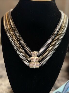 Two-Tone Layered Chain Necklace with Rhinestone Accent in Silver and Gold